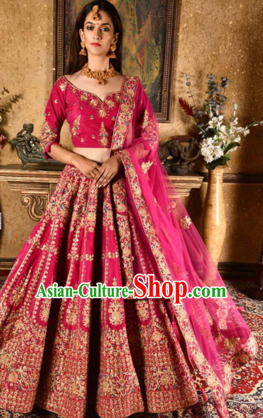 Indian Traditional Bollywood Wedding Embroidered Lehenga Rosy Dress Asian India National Festival Costumes for Women