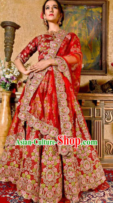 Indian Traditional Bollywood Wedding Embroidered Lehenga Purplish Red Dress Asian India National Festival Costumes for Women