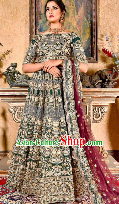Indian Traditional Bollywood Wedding Embroidered Lehenga Atrovirens Dress Asian India National Festival Costumes for Women