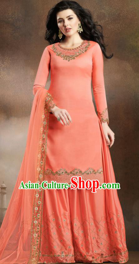 Asian Indian Traditional Embroidered Peach Pink Satin Blouse and Loose Pants India Punjabis Lehenga Choli Costumes Complete Set for Women