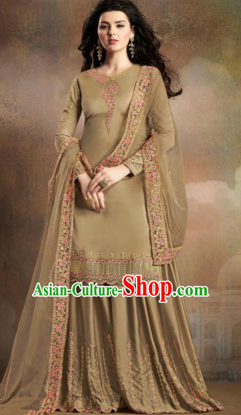 Asian Indian Traditional Embroidered Khaki Satin Blouse and Loose Pants India Punjabis Lehenga Choli Costumes Complete Set for Women