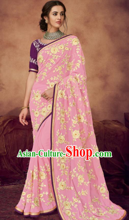 Indian Traditional Court Bollywood Embroidered Pink Sari Dress Asian India National Festival Costumes for Women