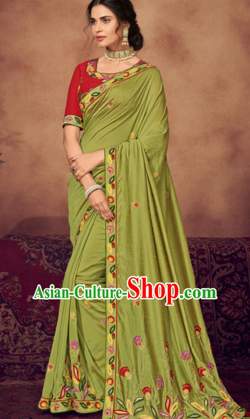 Indian Traditional Court Bollywood Embroidered Olive Green Sari Dress Asian India National Festival Costumes for Women