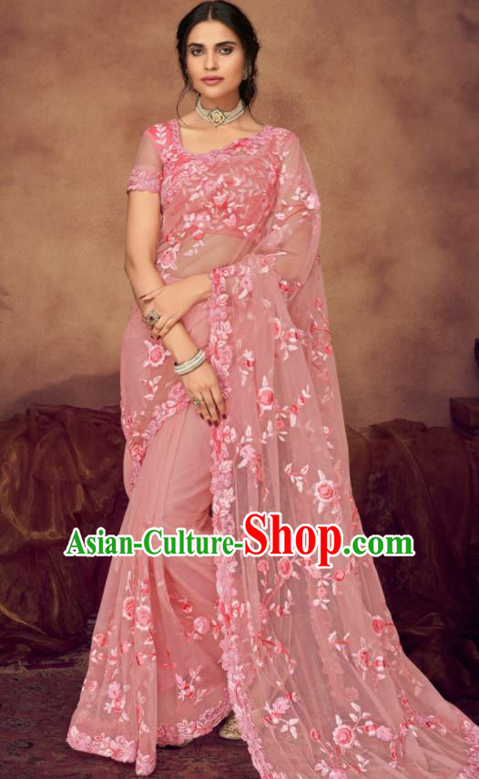 Indian Traditional Court Bollywood Embroidered Pink Veil Sari Dress Asian India National Festival Costumes for Women