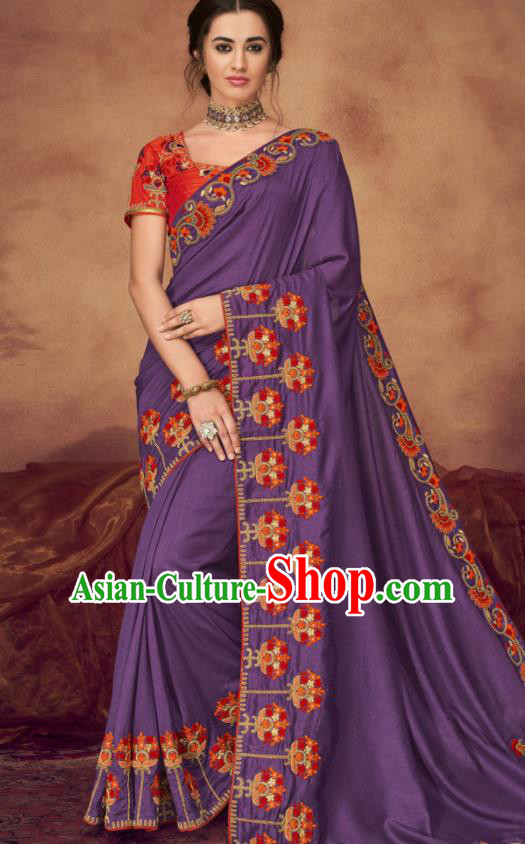 Indian Traditional Court Bollywood Embroidered Purple Sari Dress Asian India National Festival Costumes for Women