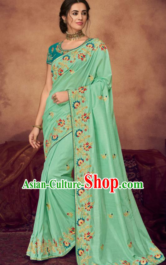 Indian Traditional Court Bollywood Embroidered Light Green Sari Dress Asian India National Festival Costumes for Women