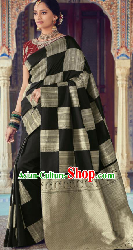 Indian Traditional Festival Black Silk Sari Dress Asian India National Court Bollywood Costumes for Women