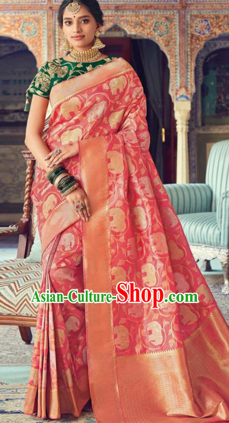 Indian Traditional Festival Pink Silk Sari Dress Asian India National Court Bollywood Costumes for Women