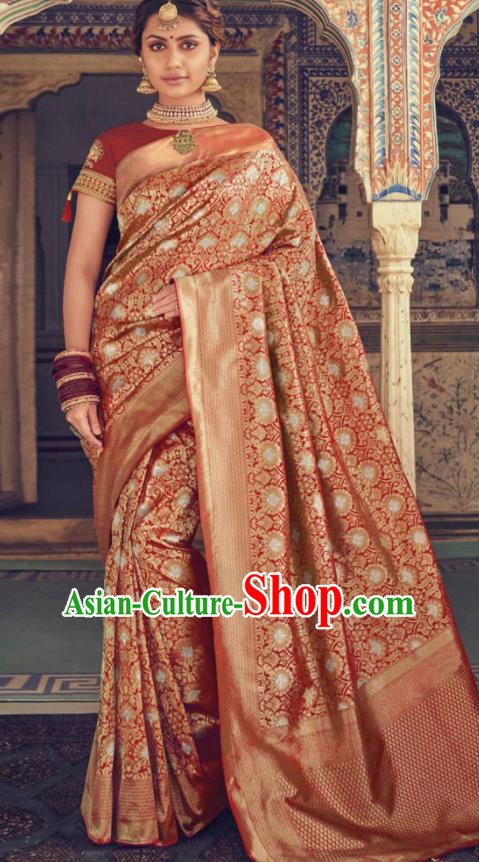 Indian Traditional Festival Saffron Silk Sari Dress Asian India National Court Bollywood Costumes for Women