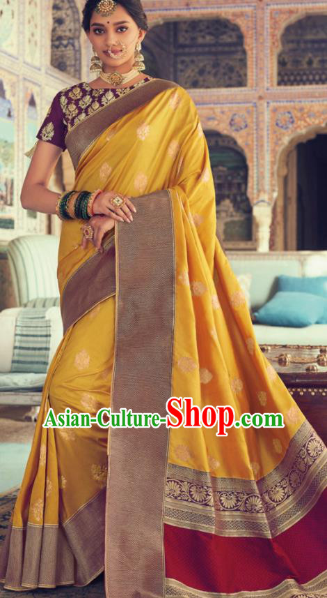 Indian Traditional Festival Golden Silk Sari Dress Asian India National Court Bollywood Costumes for Women