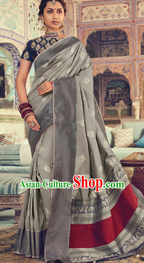 Indian Traditional Festival Grey Silk Sari Dress Asian India National Court Bollywood Costumes for Women