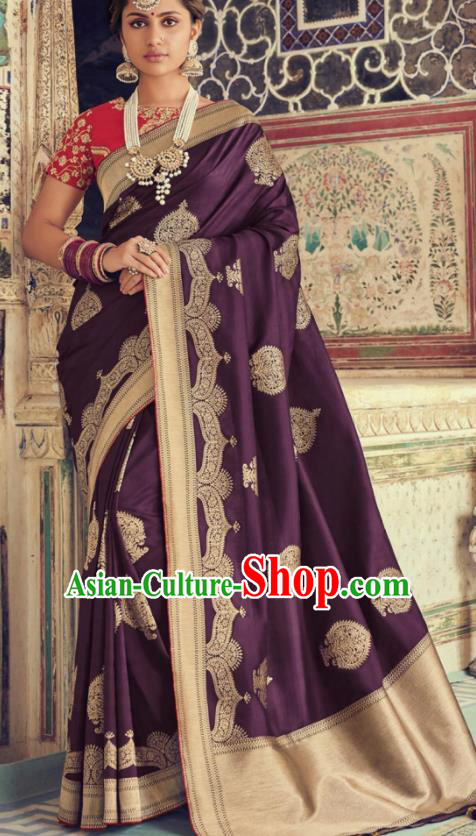 Indian Traditional Festival Deep Purple Silk Sari Dress Asian India National Court Bollywood Costumes for Women