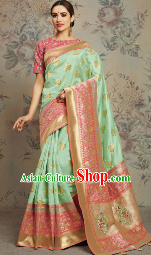 Indian Traditional Festival Jacquard Light Green Sari Dress Asian India National Court Bollywood Costumes for Women