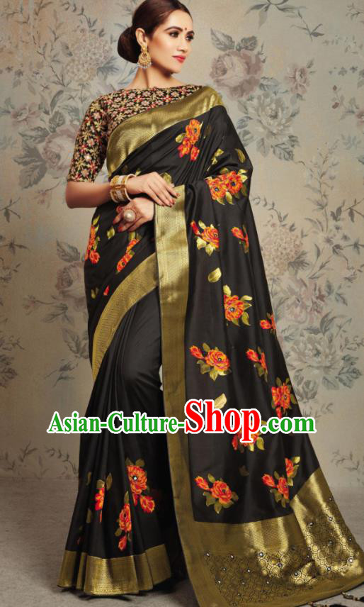 Indian Traditional Festival Jacquard Black Sari Dress Asian India National Court Bollywood Costumes for Women