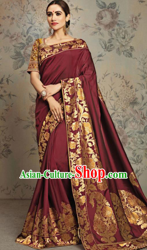 Indian Traditional Festival Jacquard Purplish Red Sari Dress Asian India National Court Bollywood Costumes for Women