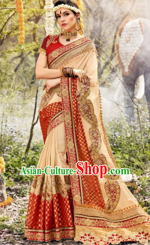 Indian Traditional Festival Apricot Georgette Sari Dress Asian India National Court Bollywood Costumes for Women