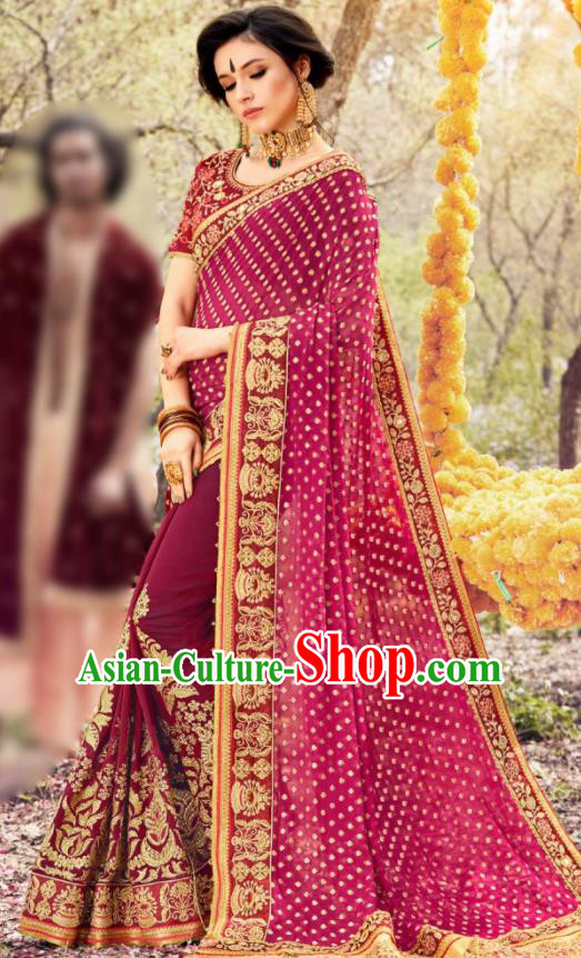 Indian Traditional Festival Rosy Georgette Sari Dress Asian India National Court Bollywood Costumes for Women