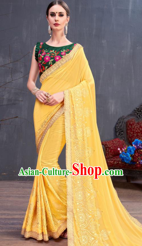 Indian Traditional Festival Yellow Georgette Sari Dress Asian India National Court Bollywood Costumes for Women