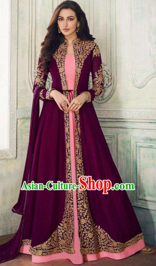 Indian Traditional Festival Embroidered Purple Anarkali Dress Asian India National Court Bollywood Costumes for Women