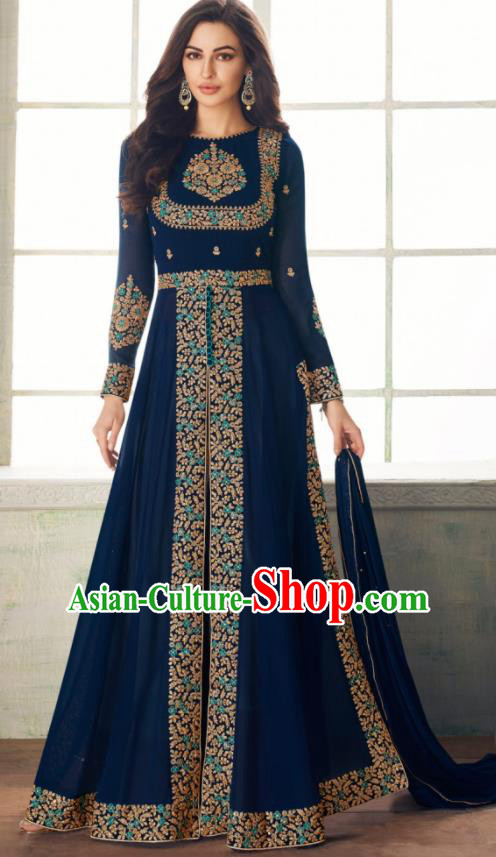 Indian Traditional Festival Embroidered Navy Anarkali Dress Asian India National Court Bollywood Costumes for Women