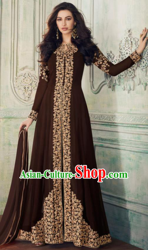 Indian Traditional Festival Embroidered Brown Anarkali Dress Asian India National Court Bollywood Costumes for Women