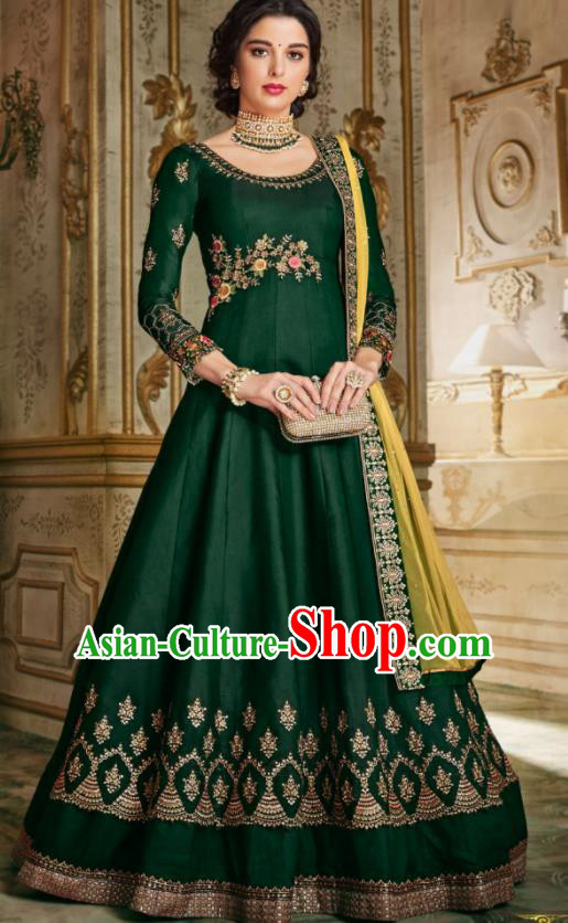 Indian Traditional Festival Deep Green Anarkali Dress Asian India National Court Bollywood Costumes for Women