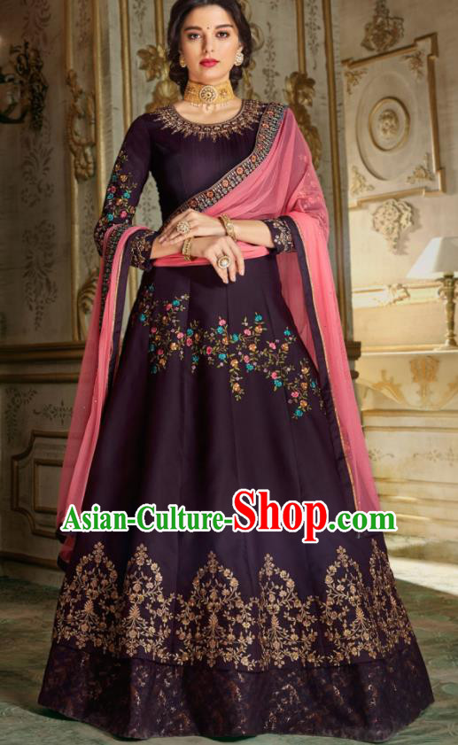Indian Traditional Festival Deep Purple Anarkali Dress Asian India National Court Bollywood Costumes for Women