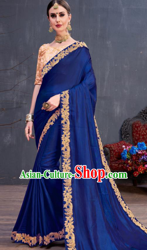 Indian Traditional Festival Royalblue Silk Sari Dress Asian India National Court Bollywood Costumes for Women