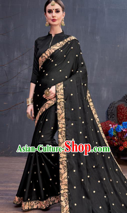 Indian Traditional Festival Black Silk Sari Dress Asian India National Court Bollywood Costumes for Women