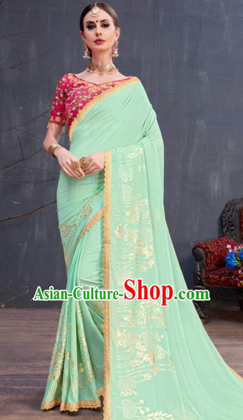 Indian Traditional Festival Light Green Silk Sari Dress Asian India National Court Bollywood Costumes for Women