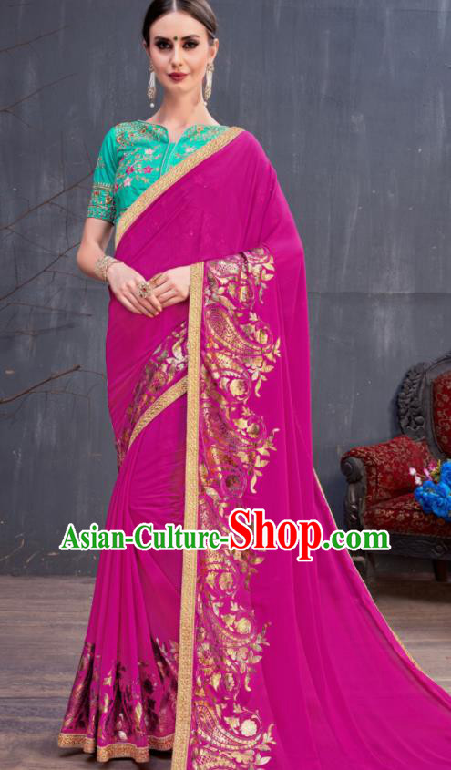 Indian Traditional Festival Rosy Georgette Sari Dress Asian India National Court Bollywood Costumes for Women