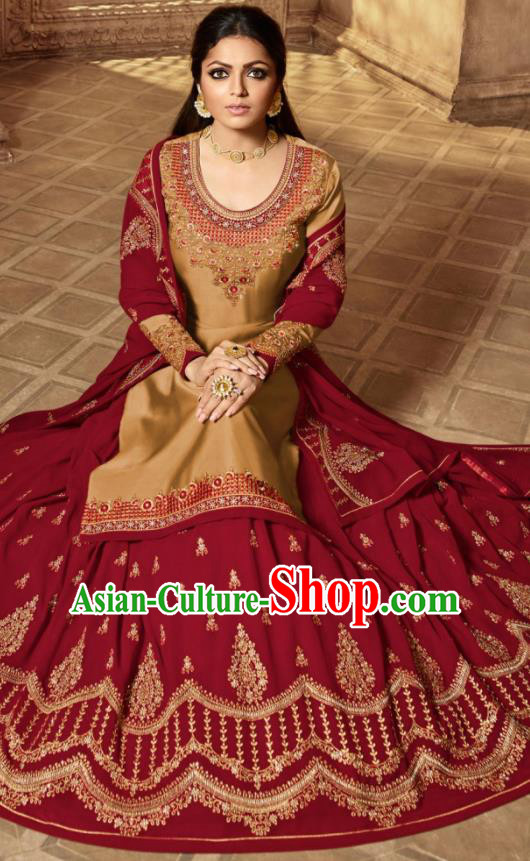 Asian Indian Embroidered Khaki Satin Blouse and Wine Red Skirt India Traditional Lehenga Choli Costumes Complete Set for Women