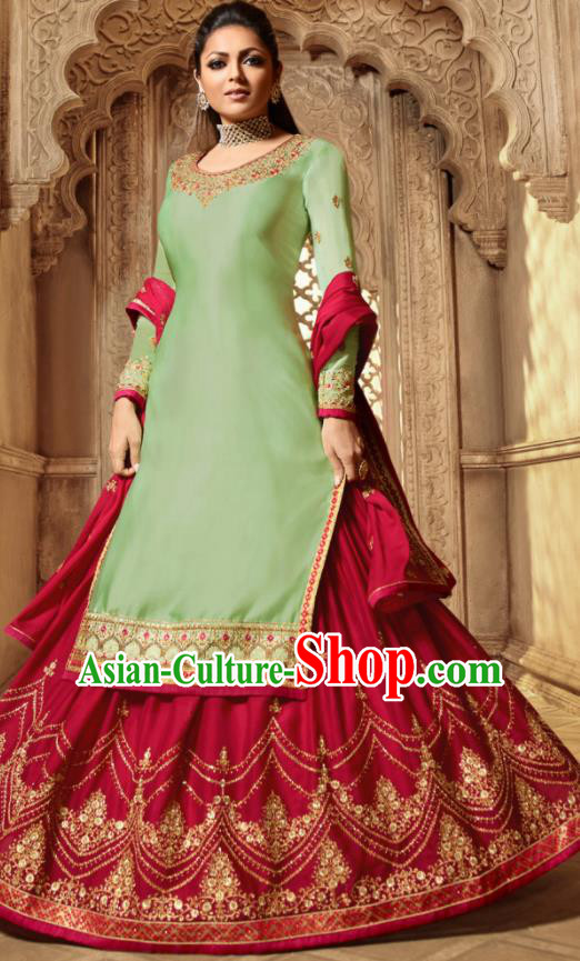 Asian Indian Embroidered Green Satin Blouse and Red Skirt India Traditional Lehenga Choli Costumes Complete Set for Women