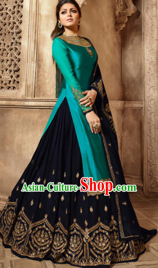 Asian Indian Embroidered Peacock Green Satin Blouse and Navy Skirt India Traditional Lehenga Choli Costumes Complete Set for Women