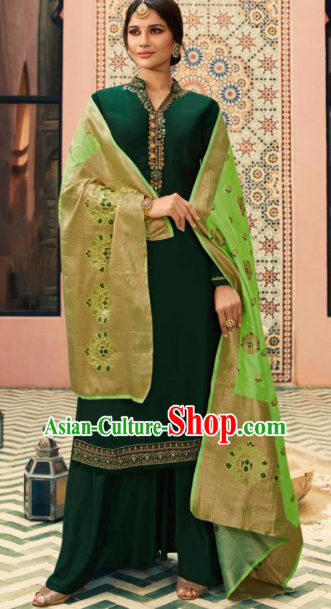 Indian Traditional Embroidered Deep Green Satin Blouse and Loose Pants India Punjabis Lehenga Choli Costumes Complete Set for Women