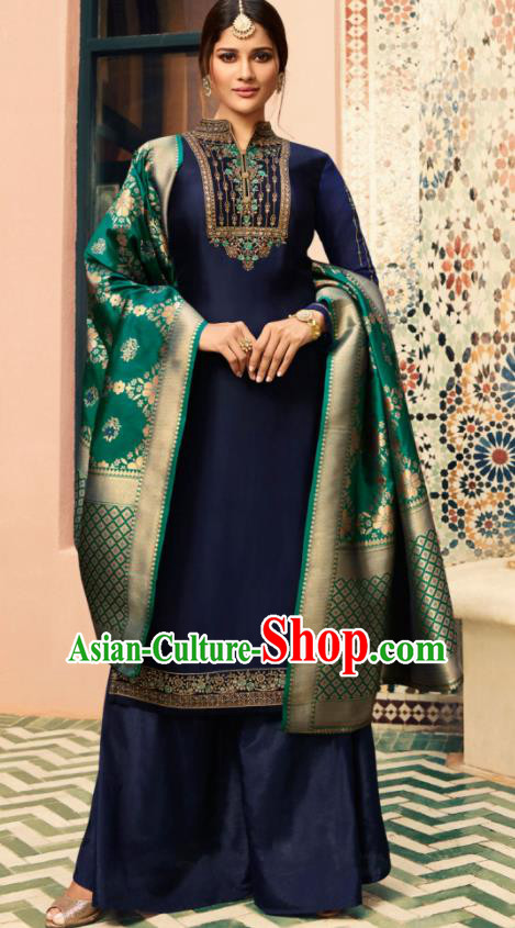 Indian Traditional Embroidered Navy Satin Blouse and Loose Pants India Punjabis Lehenga Choli Costumes Complete Set for Women