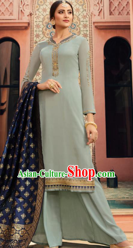 Indian Traditional Embroidered Light Blue Satin Blouse and Loose Pants India Punjabis Lehenga Choli Costumes Complete Set for Women