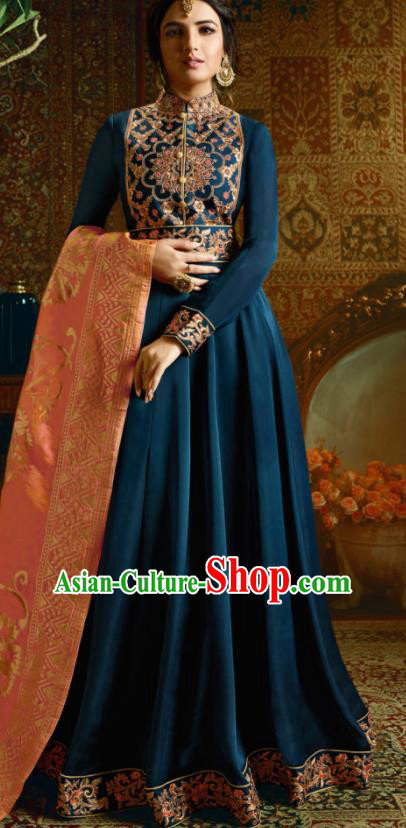 Indian Traditional Festival Navy Satin Anarkali Dress Asian India National Court Bollywood Costumes for Women