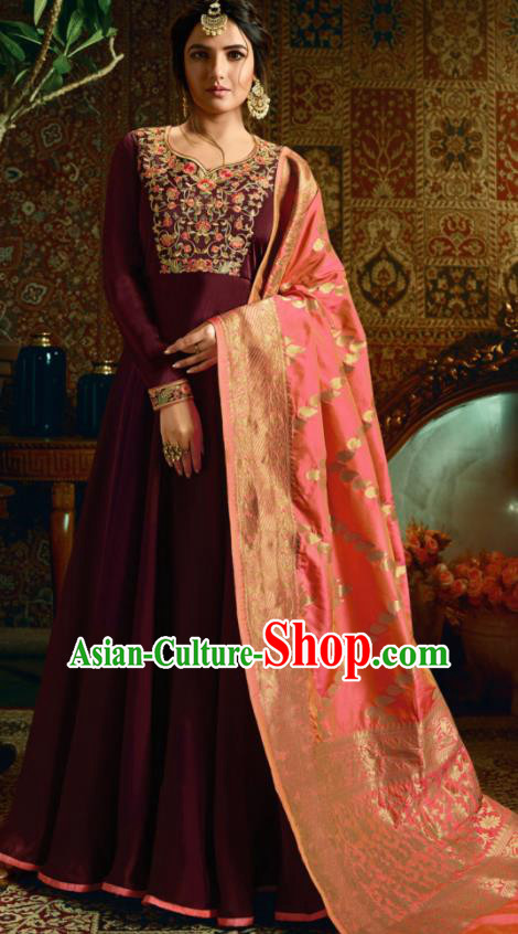 Indian Traditional Festival Wine Red Satin Anarkali Dress Asian India National Court Bollywood Costumes for Women