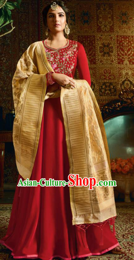 Indian Traditional Festival Red Satin Anarkali Dress Asian India National Court Bollywood Costumes for Women