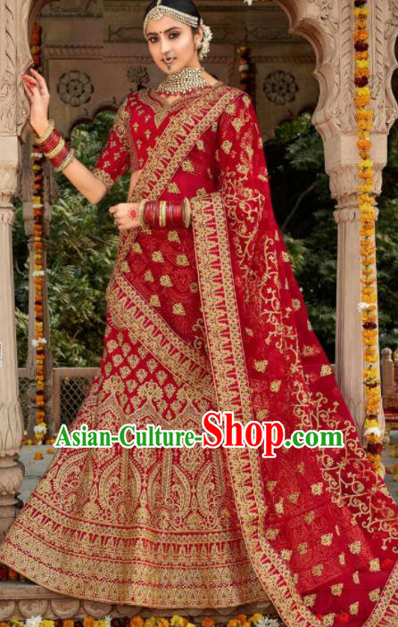 Indian Traditional Wedding Lehenga Court Bride Red Embroidered Dress Asian India National Bollywood Costumes for Women