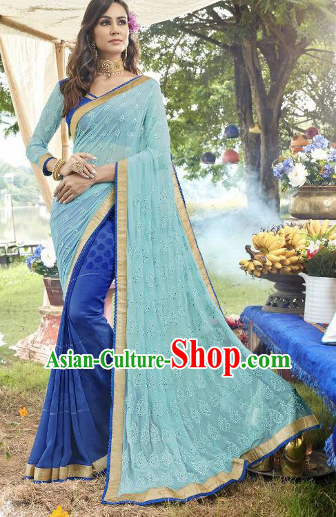 Traditional Indian Embroidered Royalblue and Blue Georgette Sari Dress Asian India National Bollywood Costumes for Women