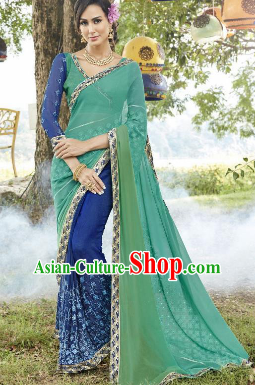 Traditional Indian Embroidered Royalblue and Green Georgette Sari Dress Asian India National Bollywood Costumes for Women