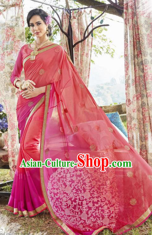 Traditional Indian Embroidered Pink and Rosy Georgette Sari Dress Asian India National Bollywood Costumes for Women