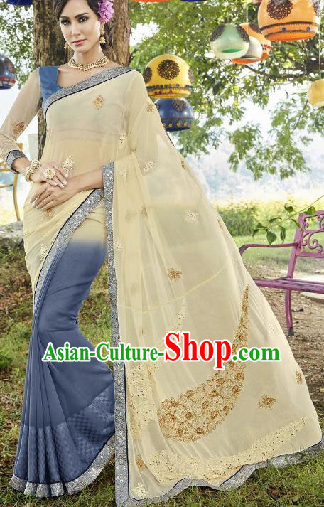 Traditional Indian Embroidered Beige and Blue Georgette Sari Dress Asian India National Bollywood Costumes for Women