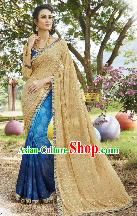 Traditional Indian Embroidered Ginger and Blue Georgette Sari Dress Asian India National Bollywood Costumes for Women