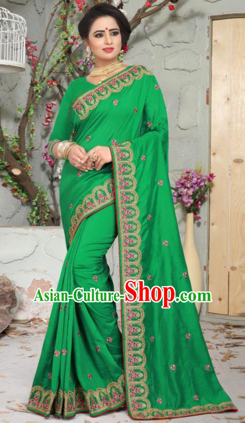 Traditional Indian Embroidered Deep Green Silk Sari Dress Asian India National Bollywood Costumes for Women