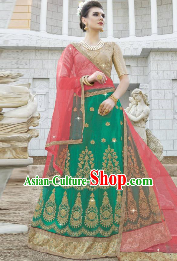 Traditional Indian Embroidered Lehenga Green Dress Asian India National Bollywood Costumes for Women