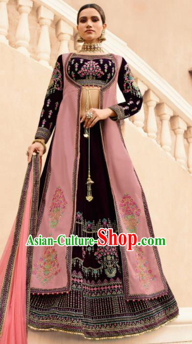 Traditional Indian Embroidered Lehenga Purple Velvet Dress Asian India National Bollywood Costumes for Women