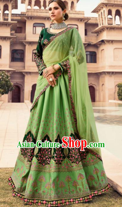 Traditional Indian Embroidered Lehenga Green Silk Dress Asian India National Bollywood Costumes for Women